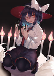 Rule 34 | 1girl, :t, absurdres, asymmetrical hair, bad id, bad twitter id, black hair, black legwear, black skirt, blue hair, blush, bow, cake, candle, chewing, closed mouth, collared shirt, commentary request, eating, food, food on hand, full body, glowing, glowing eyes, hair between eyes, hair bow, hair ribbon, hat, hat bow, hat ribbon, high-waist skirt, highres, light blue hair, long sleeves, looking at viewer, medium hair, multicolored hair, muraryo, necktie, on food, orange eyes, oversized food, oversized object, red neckwear, ribbon, shirt, short hair, sidelocks, skirt, squatting, touhou, tress ribbon, two-tone hair, usami renko, white bow, white ribbon, white shirt, wing collar