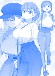 Rule 34 | 1girl, :d, ai-chan (tawawa), bag, belt, beret, between breasts, blue theme, blush, braid, breasts, check commentary, closed eyes, closed mouth, collarbone, commentary request, getsuyoubi no tawawa, handbag, hat, highres, himura kiseki, large breasts, long sleeves, looking at viewer, monochrome, multiple views, open mouth, pants, shirt, shoes, short hair, short sleeves, single braid, smile, solo, standing, strap, strap between breasts, striped clothes, sweater, vertical-striped clothes, vertical-striped sweater, vest, walking