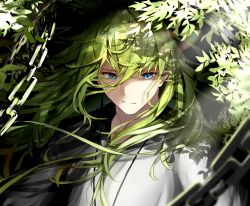 Rule 34 | 1boy, androgynous, blue eyes, chain, commentary request, cracked skin, dappled sunlight, enkidu (fate), expressionless, fate/grand order, fate/strange fake, fate (series), floating hair, green eyes, green hair, hair between eyes, half-closed eyes, highres, leaf, lens flare, long hair, looking away, looking down, male focus, nature, plant, robe, shadow, shiranui (nisioisin sinob), sidelocks, slit pupils, solo, sunlight, upper body, white robe