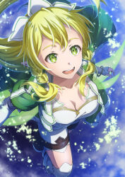 Rule 34 | 1girl, :d, absurdres, blonde hair, bracelet, braid, breasts, cleavage, collarbone, detached sleeves, floating hair, from above, green eyes, green jacket, hair between eyes, highres, jacket, jewelry, large breasts, leafa, long hair, long sleeves, looking up, oboro neko, open clothes, open jacket, open mouth, short sleeves, shorts, sidelocks, sleeves past wrists, smile, solo, sword art online, thighhighs, twin braids, white shorts, white sleeves, white thighhighs, zettai ryouiki