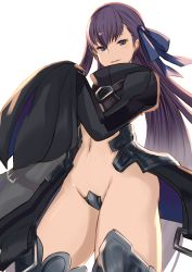 Rule 34 | 10s, 1girl, absurdres, armor, blue eyes, boots, breasts, crotch plate, fate/extra, fate/extra ccc, fate (series), hair ribbon, highres, long hair, looking at viewer, meltryllis (fate), navel, purple hair, revealing clothes, ribbon, simple background, solo, thighhighs, very long hair, yatsuka (846)