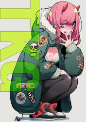 Rule 34 | 1girl, black legwear, blue eyes, breasts, cleavage, collar, ear tag, full body, grey background, highres, hood, hooded jacket, horns, jacket, nail polish, original, pink hair, red nails, shoes, simple background, smile, sneakers, solo, squatting, takagi (tansuke), tansuke