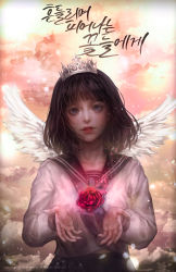 Rule 34 | 1girl, ahoge, artist name, black sailor collar, black skirt, blouse, blue eyes, blunt bangs, brown hair, cloud, commentary request, evening, eyelashes, feathered wings, floating, flower, giving, highres, korean text, lips, long sleeves, looking at viewer, making-of available, orange sky, original, parted lips, pleated skirt, red flower, red lips, red rose, rose, sailor collar, school uniform, serafuku, shal.e, shirt, short hair, skirt, sky, solo, spread wings, sunlight, teeth, tiara, translation request, white shirt, white wings, wings