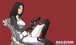 Rule 34 | 1girl, black hair, bodysuit, boots, chair, clip (weapon), copyright name, electric sheep, gun, handgun, highres, knee boots, lips, long hair, magazine (weapon), mass effect (series), mass effect 2, miranda lawson, nose, parted lips, pistol, red background, sitting, solo, submachine gun, weapon