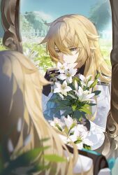 Rule 34 | 1boy, absurdres, black gloves, black shirt, blonde hair, bouquet, coat, day, fence, flower, gloves, grass, green eyes, hair between eyes, highres, holding, holding bouquet, honkai: star rail, honkai (series), leleyoukuailele, lily (flower), long hair, long sleeves, looking at flowers, luocha (honkai: star rail), male focus, mirror, parted lips, reflection, reflection focus, shirt, solo, tree, upper body, white coat, white flower, white lily, wooden fence