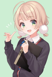 Rule 34 | 1girl, ahoge, blonde hair, blush, bow, buttons, collared shirt, folder, green background, green eyes, hair ornament, highres, holding, holding folder, indie virtual youtuber, looking at viewer, open mouth, pom pom (clothes), pom pom hair ornament, shigure ui, shigure ui (vtuber) (2nd costume), shigure ui (vtuber), shirt, short ponytail, simple background, solo, upper body, virtual youtuber