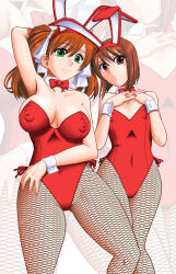 Rule 34 | 2girls, animal ears, arm up, asahina yurina, blush, blush stickers, bow, bowtie, breasts, brown eyes, brown hair, covered erect nipples, fake animal ears, fishnet pantyhose, fishnets, green eyes, hair ribbon, hairband, hand on own head, hand on own thigh, hands on own neck, highleg, highleg leotard, highres, kayama tamami, large breasts, leotard, long hair, looking at viewer, mirror image, mokkouyou bond, multiple girls, navel, nipples, orange hair, pantyhose, playboy bunny, rabbit ears, red hair, red leotard, red ribbon, ribbon, short hair, small breasts, smile, strapless, strapless leotard, super real mahjong, sweat, traditional bowtie, twintails, wrist cuffs