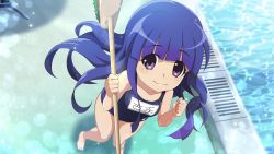 Rule 34 | 1girl, 2020, arms up, artist request, barefoot, blue hair, blue one-piece swimsuit, cleaning brush, clenched hands, feet, foreshortening, from above, furude rika, higurashi no naku koro ni, long hair, looking at viewer, looking up, official art, one-piece swimsuit, outdoors, pool, poolside, purple eyes, school swimsuit, smile, solo, swimsuit, toes, water