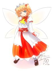 Rule 34 | 1girl, ascot, blonde hair, blue eyes, fairy wings, headdress, milfy oira, one eye closed, open mouth, solo, sunny milk, touhou, twintails, white background, wide sleeves, wings