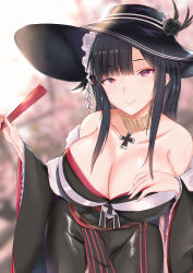 Rule 34 | 1girl, absurdres, azur lane, bare shoulders, black hair, black hat, black kimono, black sash, breasts, cleavage, cross, cross necklace, feather boa, folded fan, folding fan, hand fan, hat, highres, hime cut, holding, holding fan, huge filesize, japanese clothes, jewelry, kimono, large breasts, long hair, looking at viewer, necklace, off shoulder, official alternate costume, peter strasser (azur lane), peter strasser (chronos&#039;s kalendae) (azur lane), purple eyes, sash, solo, sun hat, theos, wide sleeves