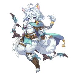 Rule 34 | ahoge, animal ear fluff, animal ears, animal hands, arrow (projectile), body fur, bow (weapon), braid, capelet, cat ears, cat tail, claws, clover theater, earrings, furry, holding, holding arrow, jewelry, observerz, pelvic curtain, purple eyes, simple background, single braid, single earring, tail, thigh strap, toeless footwear, weapon, white background, white fur, white hair