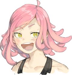 Rule 34 | 10s, 1girl, :d, bare shoulders, blush, blush stickers, boku no hero academia, breasts, cleavage, collarbone, desuzee, hatsume mei, medium hair, open mouth, pink eyes, pink hair, simple background, smile, solo, tank top, teeth, upper body, white background, yellow eyes