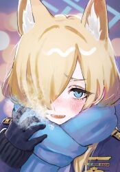 Rule 34 | 1girl, animal ear fluff, animal ears, badge, blonde hair, blue archive, blue eyes, blue halo, blurry, blurry background, blush, breath, commentary request, dark blue gloves, dog ears, epaulettes, extra ears, gloves, hair over one eye, halo, highres, insignia, kanna (blue archive), long hair, long sleeves, looking at viewer, open mouth, portrait, scarf, sharp teeth, shiosai 73, solo, teeth, upper teeth only