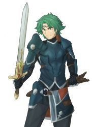 Rule 34 | 1boy, alm (fire emblem), archived source, armor, breastplate, brown eyes, closed mouth, collar, crown, determined, faulds, fighting stance, fire emblem, fire emblem echoes: shadows of valentia, fire emblem gaiden, fire emblem heroes, frown, furrowed brow, gauntlets, gloves, green hair, highres, holding, holding sheath, holding sword, holding weapon, male focus, nintendo, parted bangs, pauldrons, sheath, shoulder armor, solo, sword, transparent background, tridisart, weapon