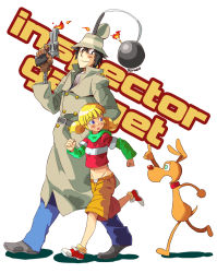 Rule 34 | 1980s (style), 1boy, 1girl, black hair, blonde hair, blue eyes, blush, bomb, brain (inspector gadget), child, coat, collar, cyborg, dic entertainment, dog, explosive, family, fire, gadget, gloves, green eyes, groin, gun, hat, highres, inspector gadget, konjoe, midriff, navel, no panties, oldschool, open mouth, penny (inspector gadget), retro artstyle, short twintails, shorts, simple background, smile, trench coat, twintails, weapon, white background
