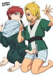 Rule 34 | 2boys, :p, aged down, bare arms, barefoot, blonde hair, blue eyes, bodypaint, brown eyes, child, deidara (naruto), green kimono, green robe, hair over one eye, hand up, hands up, highres, holding, holding pen, japanese clothes, kimono, kneeling, long sleeves, looking back, male focus, multiple boys, naruto (series), naruto shippuuden, one eye covered, pen, robe, sash, sasori (naruto), short hair, short sleeves, shorts, side-by-side, simple background, sitting, soles, tongue, tongue out, umkaqryi, wariza, white background, white shorts