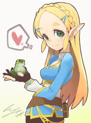Rule 34 | 1girl, animal, blonde hair, braid, forehead, french braid, frog, gloves, green eyes, hair ornament, hairclip, heart, holding, holding animal, io naomichi, long hair, looking at viewer, nintendo, pointy ears, pouch, princess zelda, sidelocks, simple background, smile, solo, spoken heart, the legend of zelda, the legend of zelda: breath of the wild, thick eyebrows, turtleneck