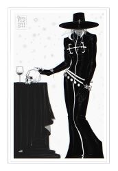 Rule 34 | 1boy, adapted costume, artist name, bracelet, cup, dark-skinned male, dark skin, dirtyfox911911, dress, drinking glass, earrings, enrico pucci, gloves, hat, hat over eyes, highres, jewelry, jojo no kimyou na bouken, long hair, long sleeves, male focus, monochrome, nose piercing, nose ring, piercing, ponytail, skull, solo, stone ocean, table, wine glass