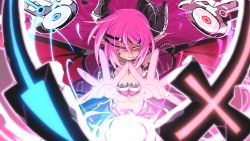 Rule 34 | 1girl, absurdres, ashmedia, breasts, fighting, game cg, glowing, green eyes, highres, horns, long hair, magic, makai shin trillion, nanameda kei, official art, pink hair, pointy ears, red eyes, tongue, tongue out