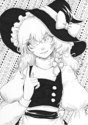 Rule 34 | 1girl, apron, artist name, black hat, black vest, blonde hair, braid, buttons, frilled hat, frills, greyscale, hair between eyes, hat, hat ornament, hat ribbon, highres, johnalay, juliet sleeves, kirisame marisa, long hair, long sleeves, looking at viewer, monochrome, puffy long sleeves, puffy sleeves, ribbon, ribbon braid, sleeves past wrists, smile, star-shaped pupils, star (symbol), starry background, symbol-shaped pupils, touhou, traditional media, turtleneck, vest, waist apron, wavy hair, witch, witch hat