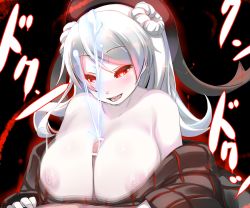 Rule 34 | 1boy, 1girl, :d, bar censor, black background, black headwear, blush, breasts, censored, cum, double bun, ejaculation, glowing, glowing eyes, hair bun, hat, heart, heart-shaped pupils, hetero, huge breasts, kantai collection, long hair, motion blur, nipples, open mouth, paizuri, penis, red eyes, ribbed sweater, shiki (psychedelic g2), simple background, smile, sweater, symbol-shaped pupils, text focus, urakaze (kancolle), white hair