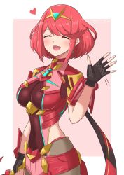 Rule 34 | 1girl, absurdres, black gloves, blush, breasts, chest jewel, closed eyes, fingerless gloves, gloves, heart, highres, large breasts, open mouth, pantyhose, pantyhose under shorts, pyra (xenoblade), red hair, ryochan96154, short hair, shorts, smile, solo, swept bangs, tiara, watermark, waving, xenoblade chronicles (series), xenoblade chronicles 2