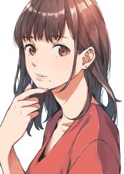 Rule 34 | 1girl, brown eyes, brown hair, doushimasho, fingernails, from side, long hair, looking at viewer, looking to the side, mole, mole under mouth, original, red shirt, shirt, simple background, smile, solo, upper body, white background