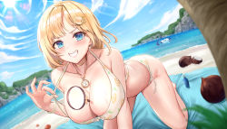 Rule 34 | 1girl, absurdres, beach, beach mat, between breasts, bikini, blonde hair, blue sky, breasts, cleavage, cloud, cloudy sky, coconut, grin, hair ornament, halterneck, highres, hololive, hololive english, jewelry, kuutamo, large breasts, leaning forward, looking at viewer, magnifying glass, necklace, outdoors, sand, short hair, side-tie bikini bottom, sky, smile, solo, stopwatch, swimsuit, teeth, virtual youtuber, watch, water, watson amelia, white bikini