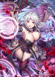 Rule 34 | 1girl, akkijin, angel wings, black dress, black gloves, black panties, black sky, breasts, cane, castle, chaos (shinkai no valkyrie), cloud, cloudy sky, darkness, dress, drone, flying, gloves, gluteal fold, holding, holding cane, large breasts, looking at viewer, magic circle, official art, open mouth, oracle (shinkai no valkyrie), panties, red eyes, shinkai no valkyrie, silver hair, sky, tiara, underwear, weapon, wings