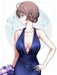 Rule 34 | 1girl, ahoge, bare shoulders, blue dress, bouquet, braid, breasts, breasts apart, cleavage, collarbone, commentary request, dress, flower, green eyes, halter dress, halterneck, hand on own hip, highres, idolmaster, idolmaster million live!, idolmaster million live! theater days, large breasts, light brown hair, looking to the side, nail polish, nakamura rohane, purple nails, sakuramori kaori, updo