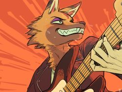 1boy animal_crossing animal_ears commentary_request eyeshadow furry furry_male grin guitar highres holding holding_guitar holding_instrument instrument jacket korean_commentary kyle_(animal_crossing) leather leather_jacket makeup male_focus nintendo punk purple_eyeshadow rang_(duriri) sharp_teeth smile solo teeth upper_body wolf_boy wolf_ears