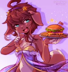 Rule 34 | 1girl, ahoge, bare shoulders, bikini, blue eyes, bracelet, brown fur, brown hair, burger, coffeechicken, commentary, dog girl, drooling, fang, flag, food, french fries, furry, furry female, hairband, highres, huge ahoge, jewelry, looking at viewer, navel, nightgown, original, plate, purple hairband, solo, star (symbol), string bikini, swimsuit, symbol-only commentary, two-tone fur, white fur
