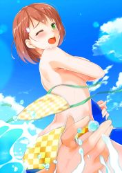 Rule 34 | 1girl, ass, bikini, blush, breasts, brown hair, checkered bikini, checkered clothes, commentary request, green eyes, hair ornament, highres, looking at viewer, looking back, medium breasts, ocean, one eye closed, open mouth, original, short hair, sideboob, solo focus, swimsuit, topless, uzuki hiro, wardrobe malfunction