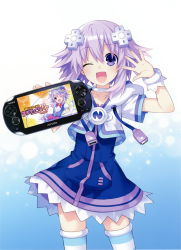 Rule 34 | 1girl, absurdres, blush, choker, d-pad, d-pad hair ornament, hair ornament, handheld game console, highres, long hair, looking at viewer, meta, multiple girls, multiple views, neptune (neptunia), neptune (series), official art, one eye closed, open mouth, playstation vita, purple eyes, purple hair, short hair, smile, striped clothes, striped thighhighs, thighhighs, tsunako