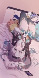 Rule 34 | 1girl, absurdres, aqua thighhighs, arm up, bedroom, black hairband, black jacket, breasts, cellphone, character doll, cropped jacket, firefly (honkai: star rail), grey hair, hairband, hand on own chest, highres, honey boba, honkai: star rail, honkai (series), indoors, jacket, knees up, large breasts, looking at viewer, lying, on back, on bed, phone, silver wolf (honkai: star rail), smartphone, solo, stuffed toy, thighhighs, thighs, upside-down