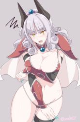 Rule 34 | 1girl, armor, bikini armor, blush, breasts, cape, carmilla (fate), cleavage, cosplay, elizabeth bathory (brave) (fate), elizabeth bathory (brave) (fate) (cosplay), elizabeth bathory (fate), fate/grand order, fate (series), fingernails, gloves, horns, kichihachi, large breasts, long fingernails, long hair, looking at viewer, navel, open mouth, pauldrons, red armor, shoulder armor, silver hair, solo, thighhighs, tiara, yellow eyes