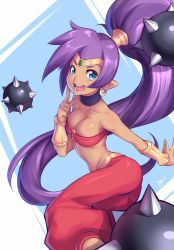 Rule 34 | 1girl, ass, bandeau, bracer, breasts, cleavage, dark skin, dark-skinned female, earrings, finger to face, hand on own face, harem pants, hoop earrings, its just suppi, jewelry, long hair, open mouth, pants, pointy ears, ponytail, purple hair, shantae, shantae (series), smile, solo, spike ball, tiara, vambraces, very long hair