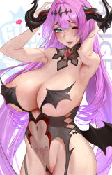 Rule 34 | 1girl, armpits, arms up, bare hips, blue eyes, blush, breasts, cleavage, clothing cutout, collar, demon girl, demon horns, elbow sleeve, garter belt, garter straps, gtunver, headgear, heart, heart-shaped pupils, heart tattoo, highres, horns, huge breasts, impossible clothes, large breasts, last origin, long hair, navel, navel cutout, one eye closed, pink hair, pubic tattoo, saliva, serapias alice, solo, sweat, symbol-shaped pupils, tattoo, thick thighs, thighs, tiara, tongue, tongue out