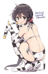 Rule 34 | 1girl, akebono (kancolle), animal ears, animal print, artist name, bell, bikini, commentary request, cow ears, cow horns, cow print, cow tail, dated, ear tag, elbow gloves, fake animal ears, fake horns, flower, from behind, full body, gloves, grey eyes, grey hair, hair bell, hair flower, hair ornament, horns, kantai collection, long hair, odawara hakone, one-hour drawing challenge, side-tie bikini bottom, side ponytail, simple background, solo, squatting, swimsuit, tail, thighhighs, very long hair, white background, white bikini, white gloves, white thighhighs