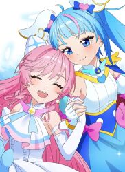 Rule 34 | 2girls, blue eyes, blue hair, bow, closed eyes, cure prism, cure sky, elbow gloves, fingerless gloves, gloves, hair bow, hirogaru sky! precure, holding hands, light blush, long hair, looking at another, magical girl, multiple girls, nijigaoka mashiro, ono (wimawi838), open mouth, pink hair, precure, simple background, smile, sora harewataru, teeth, upper teeth only, very long hair, yuri