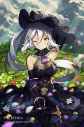 Rule 34 | 1girl, animal, arm up, armpits, artist name, ascot, bare shoulders, black dress, black gloves, black headwear, blush, breasts, brown eyes, bug, butterfly, cleavage, cloud, cloudy sky, commentary, day, dragalia lost, dress, elbow gloves, english commentary, field, flower, flower field, gloves, grace (dragalia lost), hair between eyes, hand on headwear, hentaki, highres, insect, long hair, looking at viewer, medium breasts, one eye closed, outdoors, pink flower, ponytail, purple ascot, red flower, sheath, sheathed, sidelocks, sign, silver hair, sky, sleeveless, sleeveless dress, solo, sword, tears, tree, vambraces, very long hair, watermark, weapon, web address, white flower, yellow flower