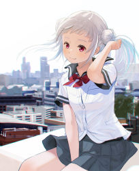 Rule 34 | 1girl, arashi chisato, black skirt, blunt bangs, cityscape, closed mouth, commentary request, highres, light blush, looking at viewer, love live!, love live! superstar!!, netsuka, pleated skirt, school uniform, shirt, sitting, skirt, smile, solo, twintails, white hair, white shirt