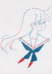 Rule 34 | 1girl, blue neckerchief, colored lineart, commentary, highres, limited palette, long hair, looking to the side, neckerchief, original, profile, sailor collar, school uniform, serafuku, signature, simple background, solo, symbol-only commentary, traditional media, upper body, watari (nijimukiokuiro), white background