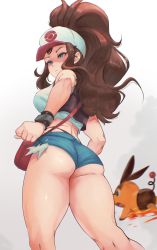 Rule 34 | 1girl, absurdres, alterlesott, annoyed, artlesott, ass, bare shoulders, baseball cap, blue eyes, blush, breasts, brown hair, creatures (company), denim, denim shorts, fire, from behind, from below, game freak, gen 5 pokemon, hat, highres, hilda (pokemon), huge ass, large breasts, long hair, nintendo, pokemon, pokemon (creature), pokemon bw, ponytail, shaded face, shiny skin, short shorts, shorts, sideboob, tepig, thick thighs, thighs, thong, vest