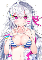 Rule 34 | 1girl, :o, absurdres, ahoge, bikini, bikini under clothes, blush, bracelet, breasts, cleavage, commentary request, double v, fingernails, hair between eyes, hair ornament, hair ribbon, hairclip, hands up, highres, jacket, jewelry, kamioka shun&#039;ya, large breasts, long hair, looking at viewer, navel, open clothes, open jacket, original, parted lips, pink ribbon, purple eyes, ribbon, shiori (kamioka shun&#039;ya), short sleeves, silver hair, simple background, solo, striped bikini, striped clothes, swimsuit, upper body, v, very long hair, water drop, white background, white jacket