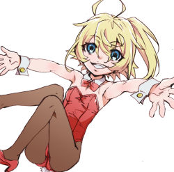 Rule 34 | 1girl, ahoge, alternate hairstyle, armpits, bare shoulders, black pantyhose, blonde hair, blue eyes, bow, bowtie, china (ekimore), detached collar, female focus, flat chest, grin, high heels, legs together, leotard, looking at viewer, lying, on back, outstretched arms, pantyhose, playboy bunny, ponytail, rabbit tail, red footwear, shoes, simple background, smile, solo, strapless, strapless leotard, tail, tanya degurechaff, teeth, white background, wrist cuffs, youjo senki