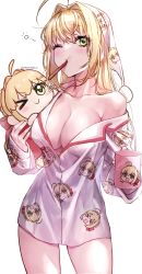 Rule 34 | 1girl, ahoge, blonde hair, blush, breasts, character doll, character print, cleavage, cup, fate/extra, fate/grand order, fate (series), green eyes, hair intakes, hat, highres, large breasts, long hair, long sleeves, mug, nero claudius (fate), nero claudius (fate) (all), nero claudius (fate/extra), nightcap, nightgown, off shoulder, one eye closed, sleepwear, sleepy, solo, toothbrush in mouth, yayoi maka
