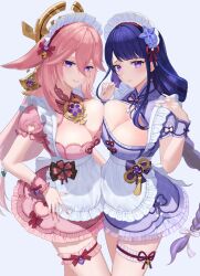 Rule 34 | 2girls, alternate costume, animal ears, apron, blue background, blush, breast press, breasts, cleavage, commentary, cowboy shot, dress, enmaided, fingernails, floppy ears, fox ears, fox girl, frilled apron, frills, genshin impact, hair between eyes, highres, kotneo, large breasts, long hair, looking at viewer, low-braided long hair, low-tied long hair, maid, maid headdress, multiple girls, nail polish, pink dress, pink hair, pink nails, puffy short sleeves, puffy sleeves, purple dress, purple eyes, purple hair, purple nails, raiden shogun, short sleeves, simple background, smile, symbol-only commentary, thigh strap, tomoe (symbol), waist apron, white apron, white headdress, yae miko