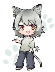 Rule 34 | 1girl, :3, animal ear piercing, animal ears, barefoot, black pants, brown eyes, cat ears, cat tail, chibi, cigarette, full body, grey hair, grey shirt, hand in pocket, highres, holding, holding cigarette, looking at viewer, mayuko (mayumaaaaaro), open mouth, pants, paw print, paw print background, shirt, short hair, short sleeves, signature, simple background, smile, solo, standing, sweatpants, t-shirt, tail, white background, yani neko, yani neko (yani neko)