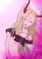 Rule 34 | 10s, 1girl, 2019, arm behind head, arm up, blonde hair, breasts, camisole, collarbone, demon girl, eyes visible through hair, fangs, female focus, hair over one eye, horns, lingerie, long hair, looking away, mairimashita! iruma-kun, medium breasts, midriff, navel, open mouth, pink background, pointy ears, red eyes, slit pupils, smile, solo, spaghetti strap, standing, swept bangs, teeth, tsurime, underboob, underwear, upper teeth only, very long hair, x elisabetta